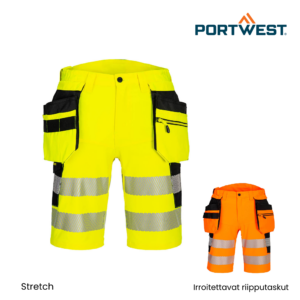 Portwest DX446 Hi-Vis Shortsit riipputaskuilla – joustavat ja monikäyttöiset kesätyöhousut