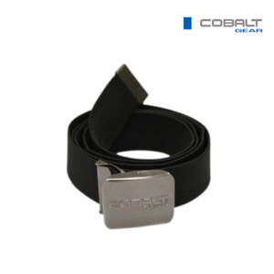 Cobalt Gear Joustovyö 130 cm, musta joustava materiaali ja antiikkikäsitelty metallisolki.